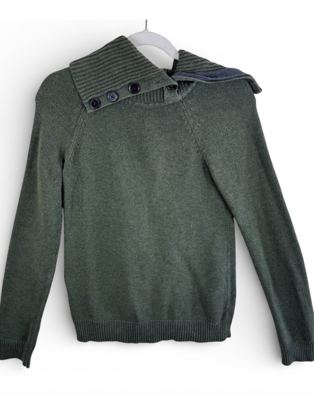 Gap Womens Olive Green Asymmetrical Button Cowl Neck Knit Sweater Cotton Medium